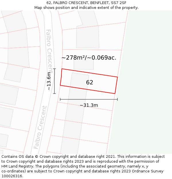 62, FALBRO CRESCENT, BENFLEET, SS7 2SF: Plot and title map