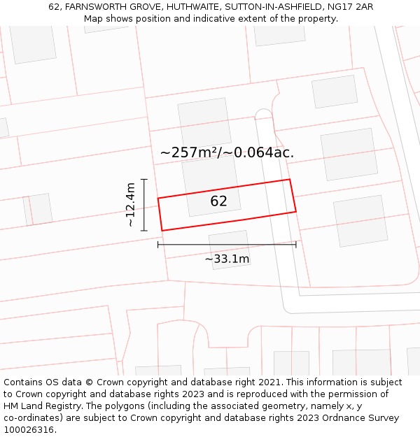 62, FARNSWORTH GROVE, HUTHWAITE, SUTTON-IN-ASHFIELD, NG17 2AR: Plot and title map