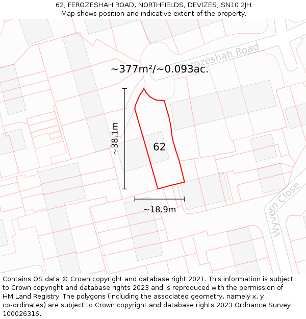 62, FEROZESHAH ROAD, NORTHFIELDS, DEVIZES, SN10 2JH: Plot and title map