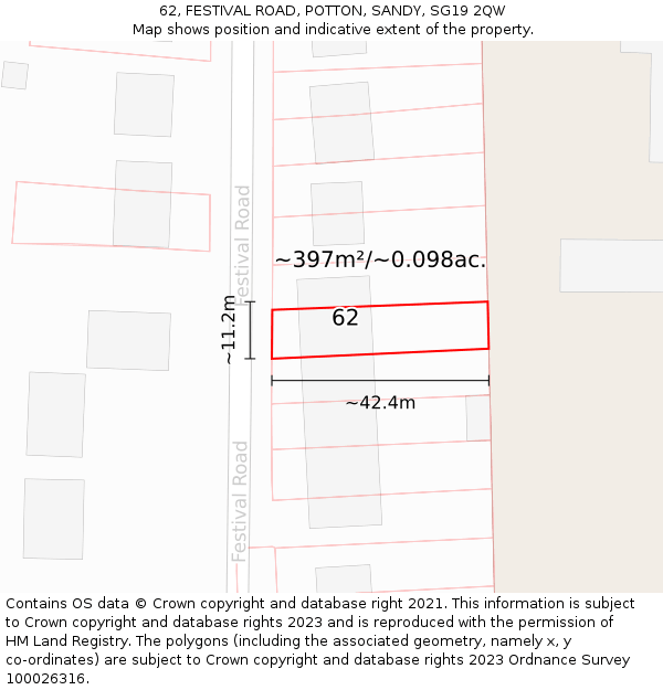 62, FESTIVAL ROAD, POTTON, SANDY, SG19 2QW: Plot and title map