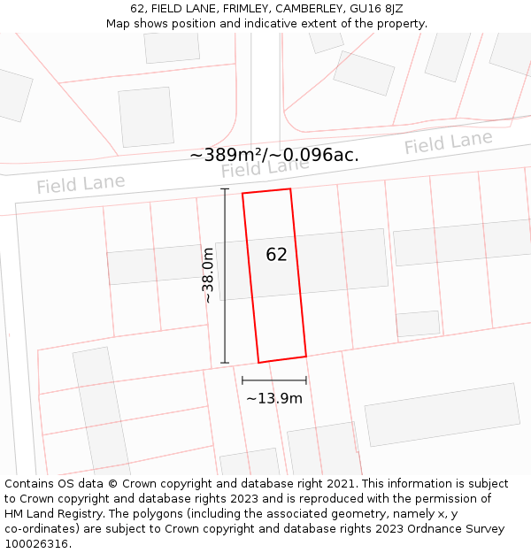 62, FIELD LANE, FRIMLEY, CAMBERLEY, GU16 8JZ: Plot and title map