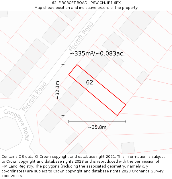 62, FIRCROFT ROAD, IPSWICH, IP1 6PX: Plot and title map