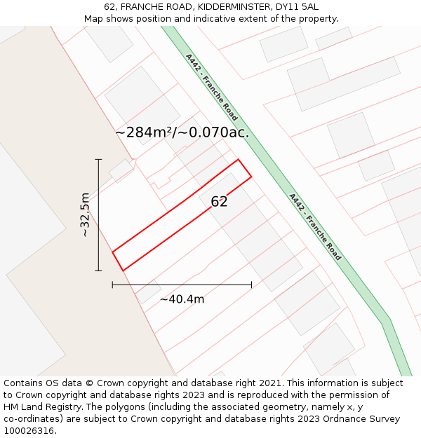 62, FRANCHE ROAD, KIDDERMINSTER, DY11 5AL: Plot and title map