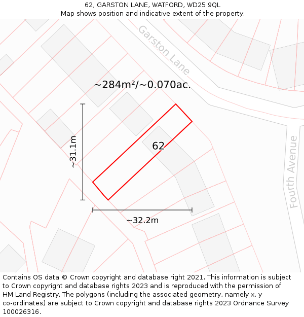 62, GARSTON LANE, WATFORD, WD25 9QL: Plot and title map