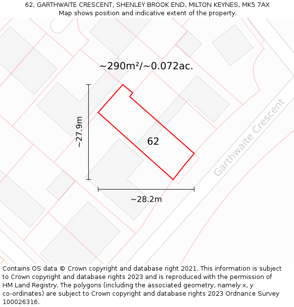 62, GARTHWAITE CRESCENT, SHENLEY BROOK END, MILTON KEYNES, MK5 7AX: Plot and title map