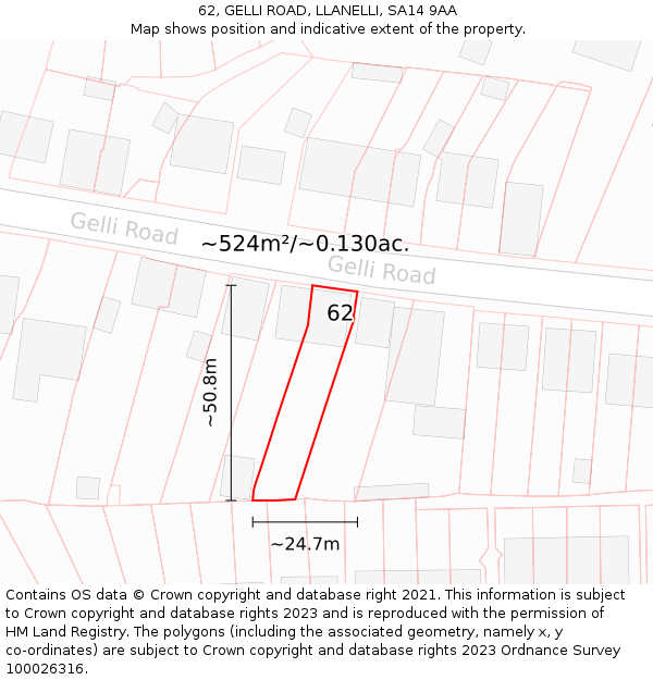 62, GELLI ROAD, LLANELLI, SA14 9AA: Plot and title map