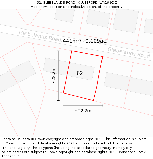 62, GLEBELANDS ROAD, KNUTSFORD, WA16 9DZ: Plot and title map