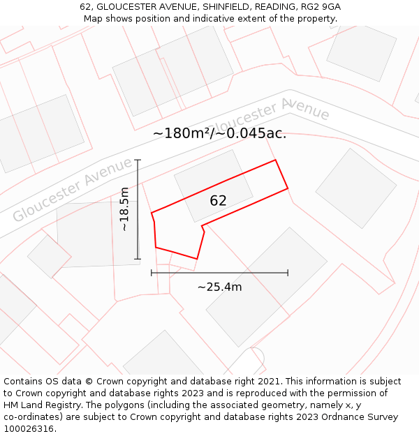 62, GLOUCESTER AVENUE, SHINFIELD, READING, RG2 9GA: Plot and title map