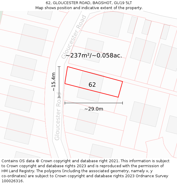 62, GLOUCESTER ROAD, BAGSHOT, GU19 5LT: Plot and title map