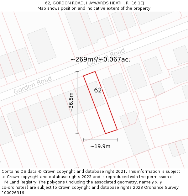 62, GORDON ROAD, HAYWARDS HEATH, RH16 1EJ: Plot and title map