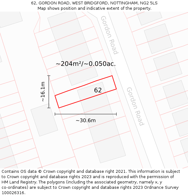 62, GORDON ROAD, WEST BRIDGFORD, NOTTINGHAM, NG2 5LS: Plot and title map