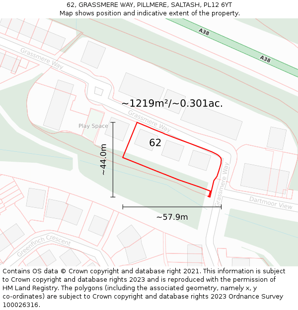 62, GRASSMERE WAY, PILLMERE, SALTASH, PL12 6YT: Plot and title map