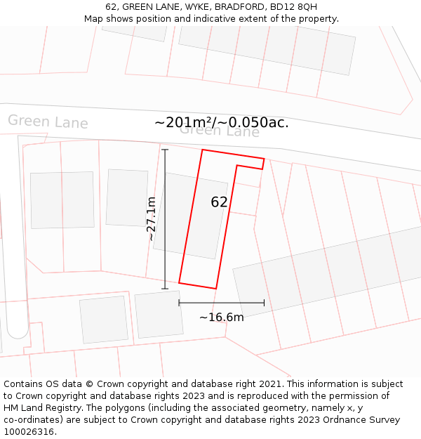 62, GREEN LANE, WYKE, BRADFORD, BD12 8QH: Plot and title map