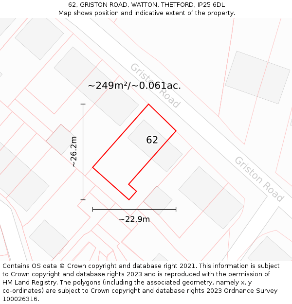 62, GRISTON ROAD, WATTON, THETFORD, IP25 6DL: Plot and title map