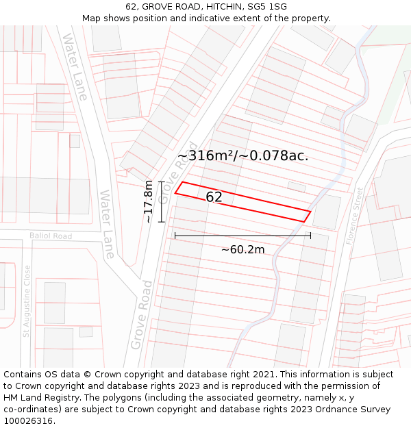 62, GROVE ROAD, HITCHIN, SG5 1SG: Plot and title map