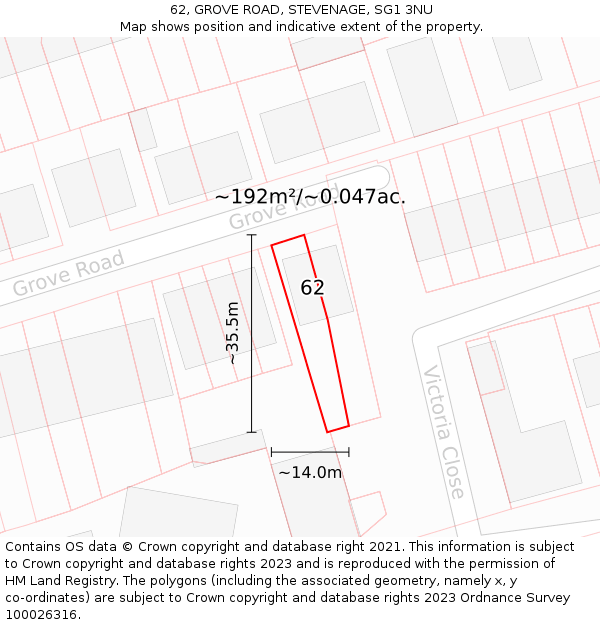 62, GROVE ROAD, STEVENAGE, SG1 3NU: Plot and title map