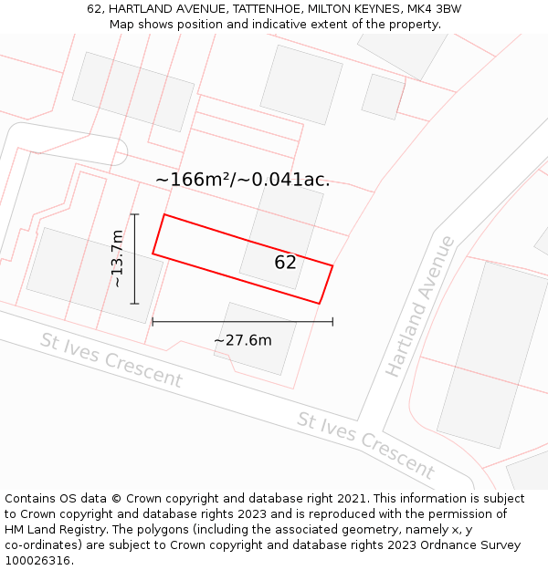 62, HARTLAND AVENUE, TATTENHOE, MILTON KEYNES, MK4 3BW: Plot and title map