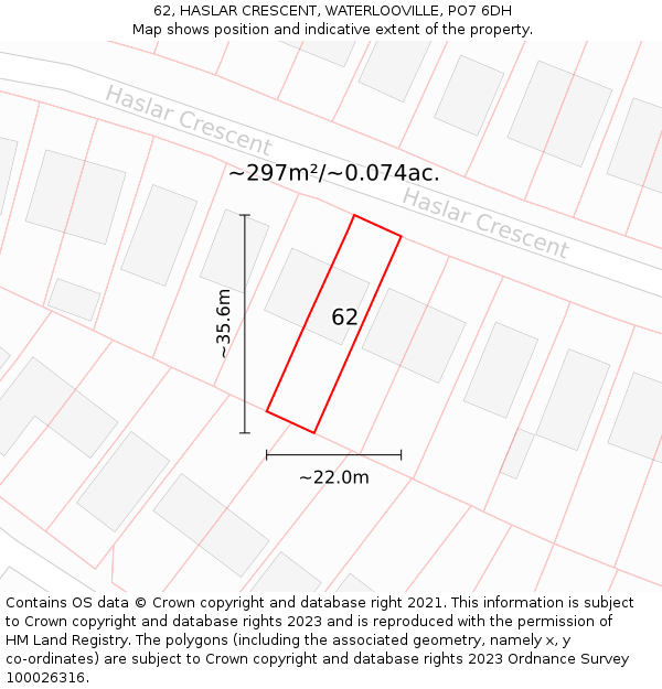 62, HASLAR CRESCENT, WATERLOOVILLE, PO7 6DH: Plot and title map