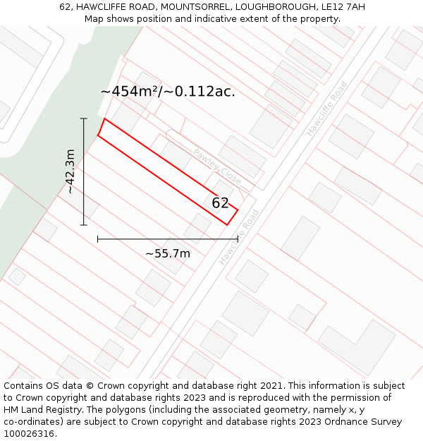 62, HAWCLIFFE ROAD, MOUNTSORREL, LOUGHBOROUGH, LE12 7AH: Plot and title map