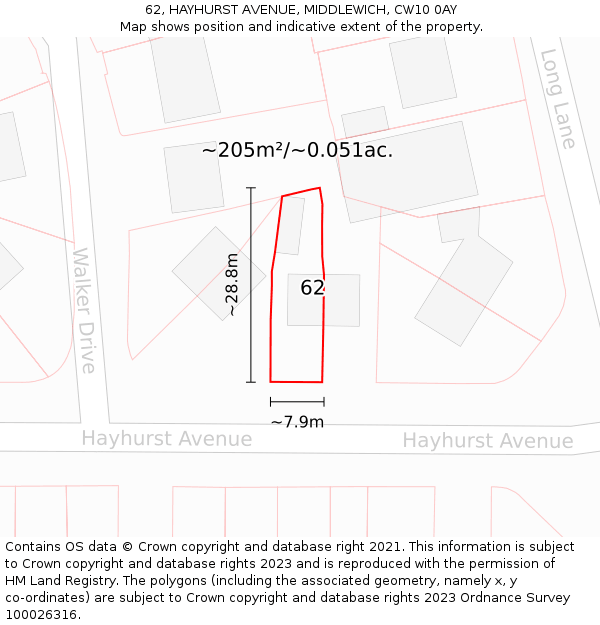 62, HAYHURST AVENUE, MIDDLEWICH, CW10 0AY: Plot and title map