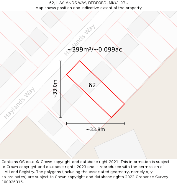 62, HAYLANDS WAY, BEDFORD, MK41 9BU: Plot and title map