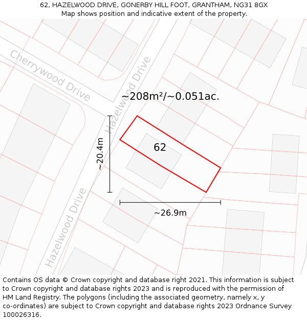 62, HAZELWOOD DRIVE, GONERBY HILL FOOT, GRANTHAM, NG31 8GX: Plot and title map