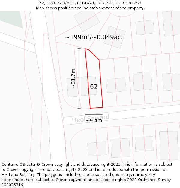 62, HEOL SEWARD, BEDDAU, PONTYPRIDD, CF38 2SR: Plot and title map