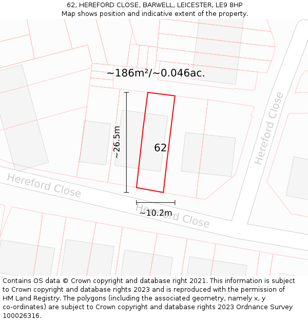 62, HEREFORD CLOSE, BARWELL, LEICESTER, LE9 8HP: Plot and title map