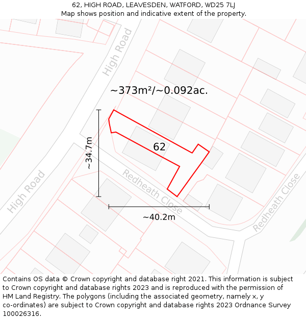 62, HIGH ROAD, LEAVESDEN, WATFORD, WD25 7LJ: Plot and title map