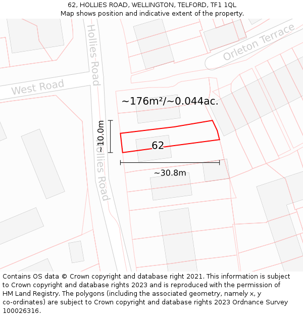 62, HOLLIES ROAD, WELLINGTON, TELFORD, TF1 1QL: Plot and title map