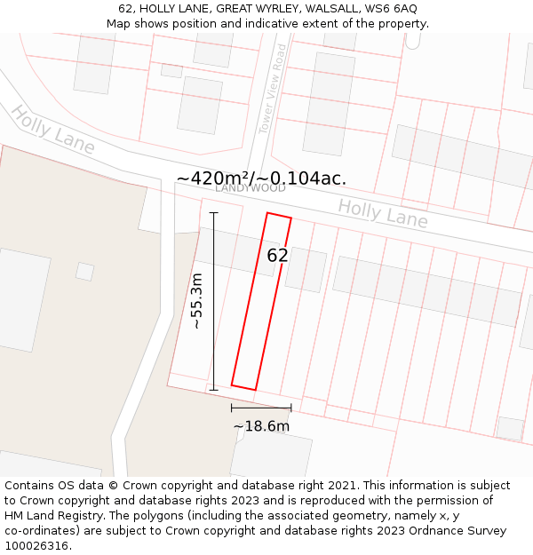 62, HOLLY LANE, GREAT WYRLEY, WALSALL, WS6 6AQ: Plot and title map