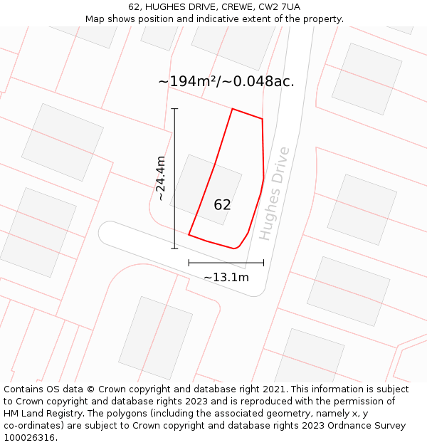 62, HUGHES DRIVE, CREWE, CW2 7UA: Plot and title map