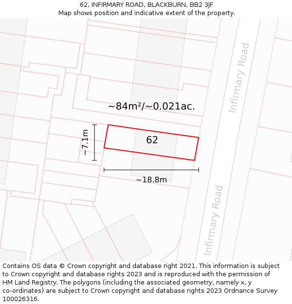 62, INFIRMARY ROAD, BLACKBURN, BB2 3JF: Plot and title map