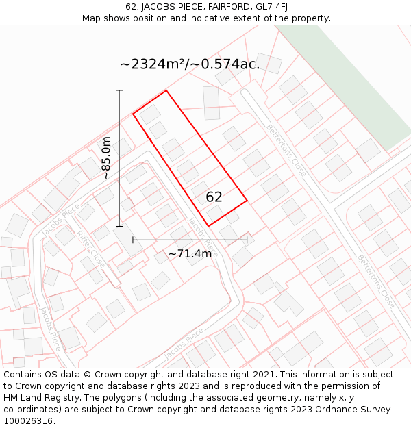 62, JACOBS PIECE, FAIRFORD, GL7 4FJ: Plot and title map