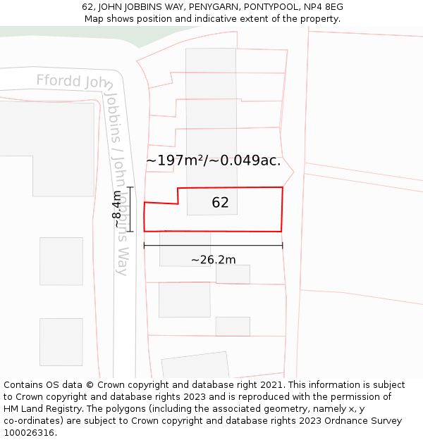 62, JOHN JOBBINS WAY, PENYGARN, PONTYPOOL, NP4 8EG: Plot and title map