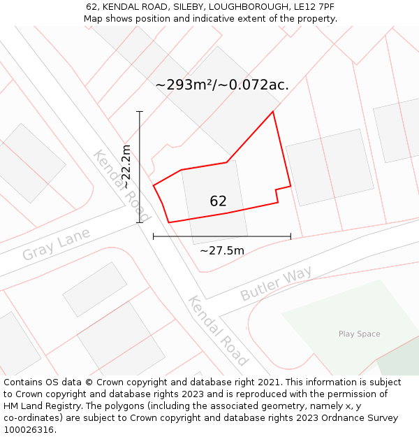 62, KENDAL ROAD, SILEBY, LOUGHBOROUGH, LE12 7PF: Plot and title map