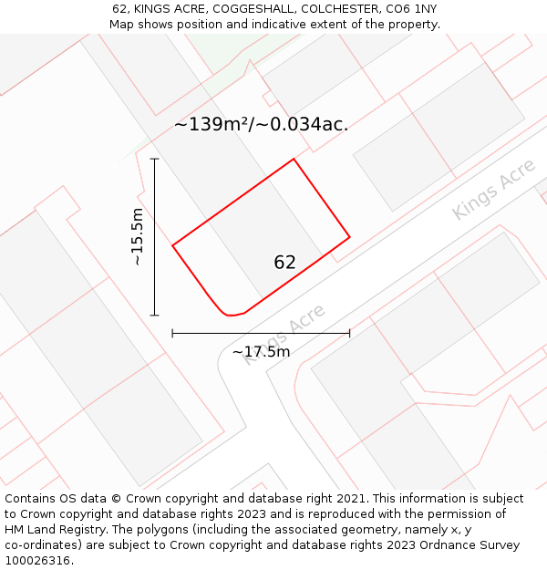 62, KINGS ACRE, COGGESHALL, COLCHESTER, CO6 1NY: Plot and title map