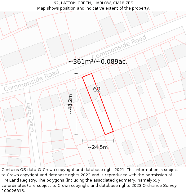 62, LATTON GREEN, HARLOW, CM18 7ES: Plot and title map