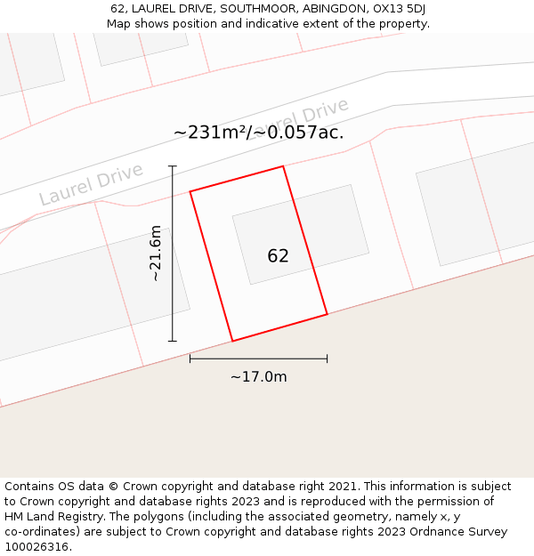 62, LAUREL DRIVE, SOUTHMOOR, ABINGDON, OX13 5DJ: Plot and title map