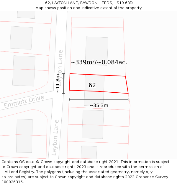 62, LAYTON LANE, RAWDON, LEEDS, LS19 6RD: Plot and title map