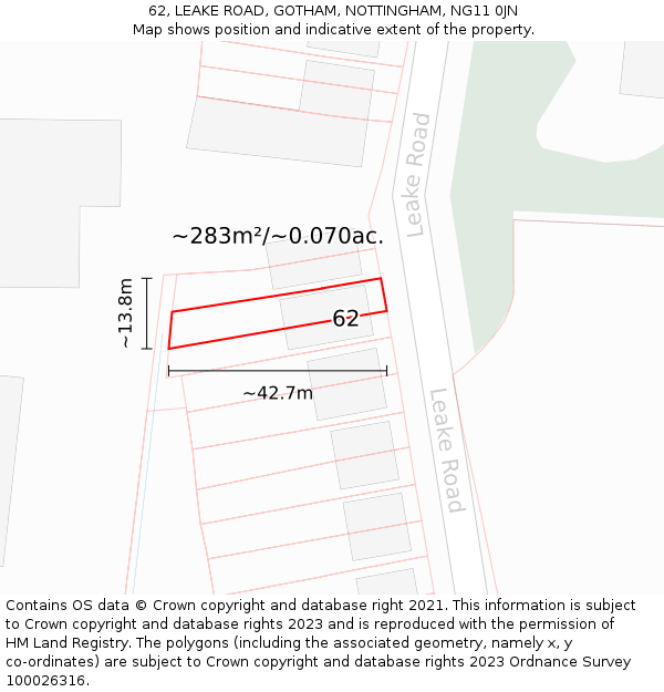 62, LEAKE ROAD, GOTHAM, NOTTINGHAM, NG11 0JN: Plot and title map