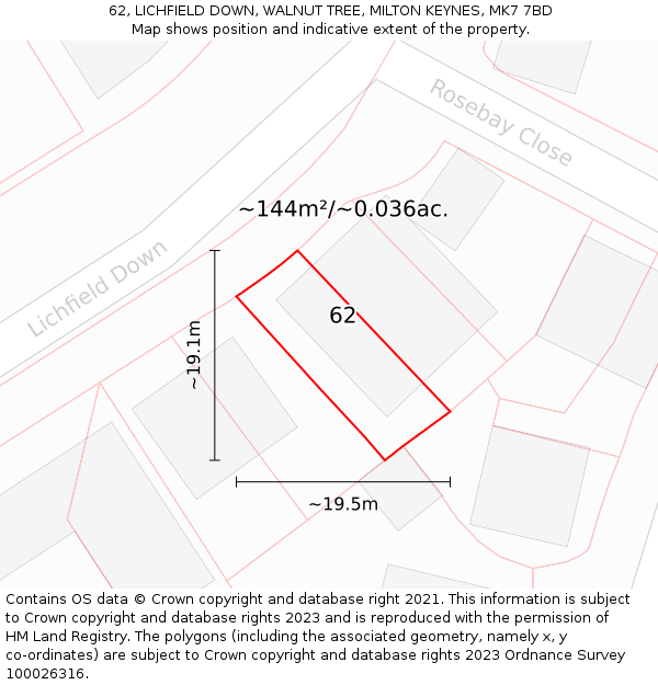 62, LICHFIELD DOWN, WALNUT TREE, MILTON KEYNES, MK7 7BD: Plot and title map