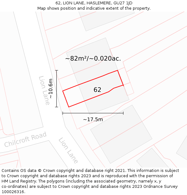 62, LION LANE, HASLEMERE, GU27 1JD: Plot and title map