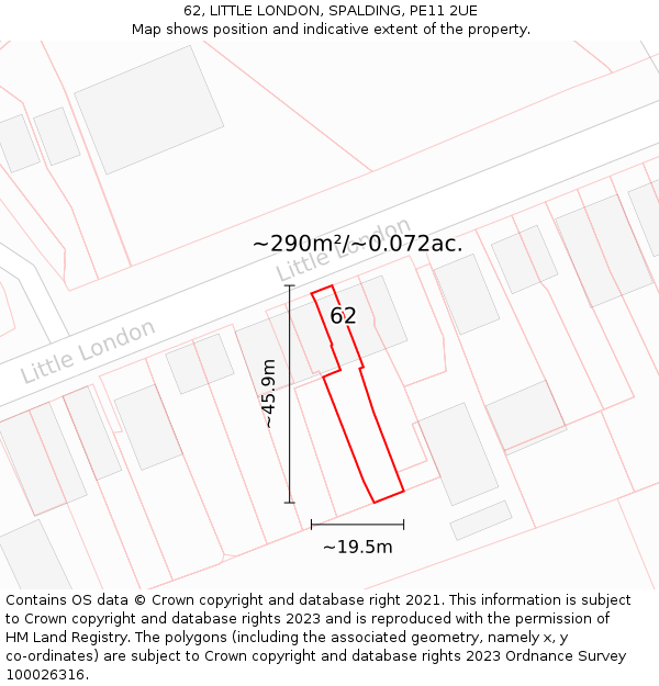 62, LITTLE LONDON, SPALDING, PE11 2UE: Plot and title map