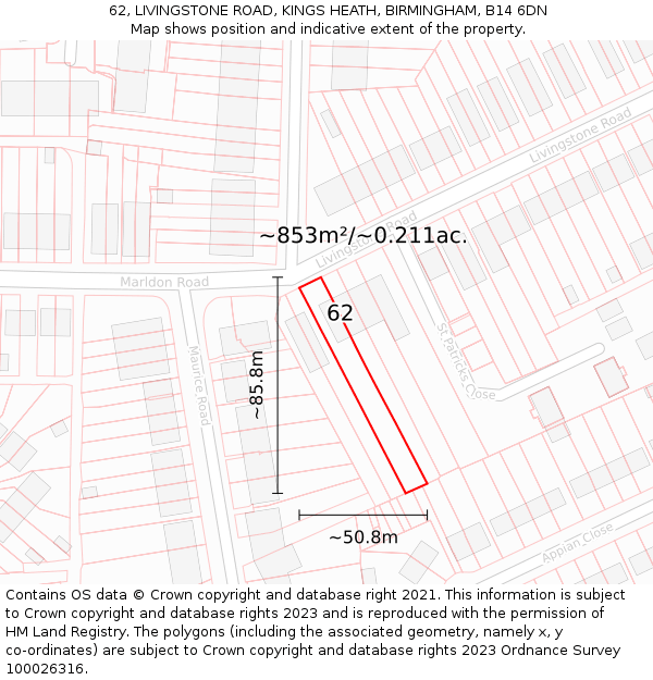 62, LIVINGSTONE ROAD, KINGS HEATH, BIRMINGHAM, B14 6DN: Plot and title map