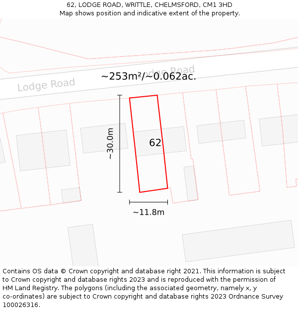 62, LODGE ROAD, WRITTLE, CHELMSFORD, CM1 3HD: Plot and title map