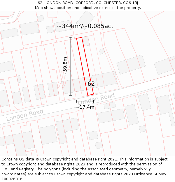 62, LONDON ROAD, COPFORD, COLCHESTER, CO6 1BJ: Plot and title map