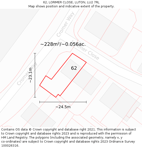 62, LORIMER CLOSE, LUTON, LU2 7RL: Plot and title map