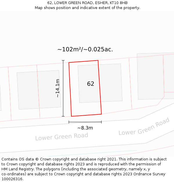 62, LOWER GREEN ROAD, ESHER, KT10 8HB: Plot and title map