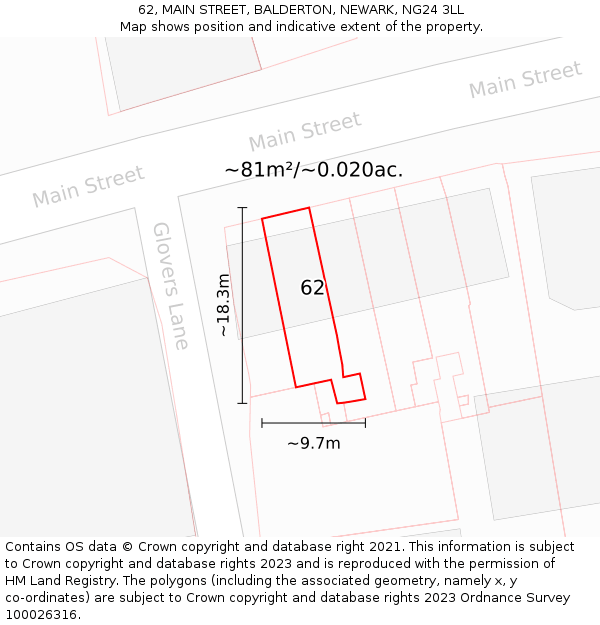 62, MAIN STREET, BALDERTON, NEWARK, NG24 3LL: Plot and title map